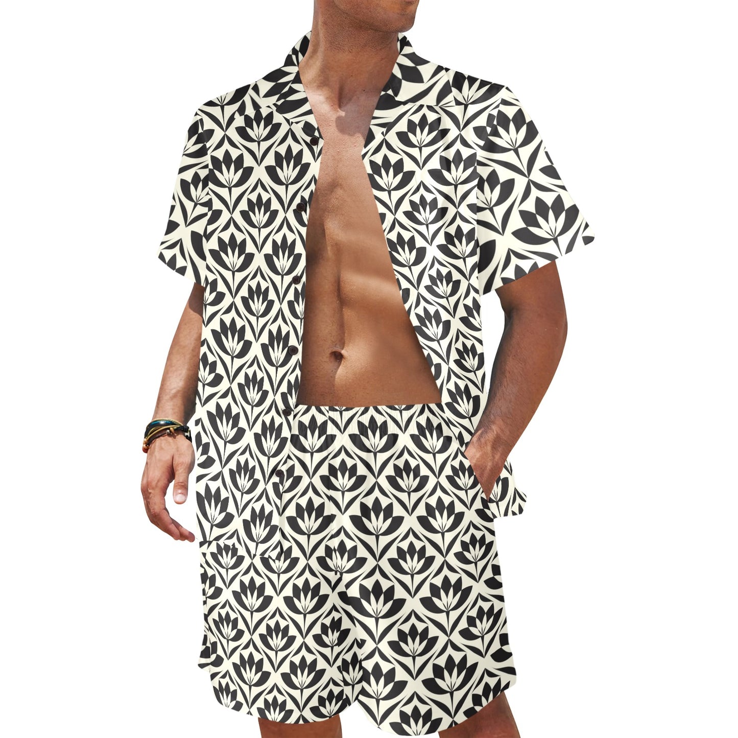 Lotus Pattern Print Men's Beach Shirt and Shorts Set