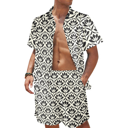 Lotus Pattern Print Men's Beach Shirt and Shorts Set