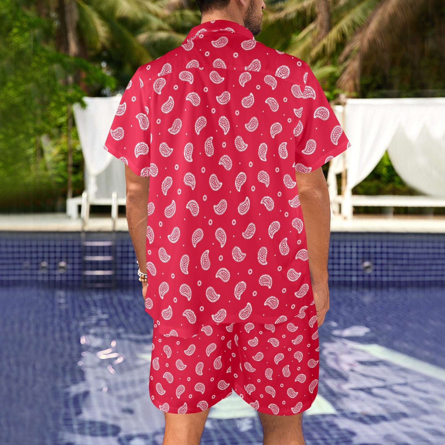 Bandana Red Paisley Print Design LKS305 Men's Beach Shirt and Shorts Set