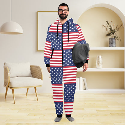 Patriotic US Flag Pattern Print Design A03 Hooded Fleece Onesie Pajama Jumpsuit