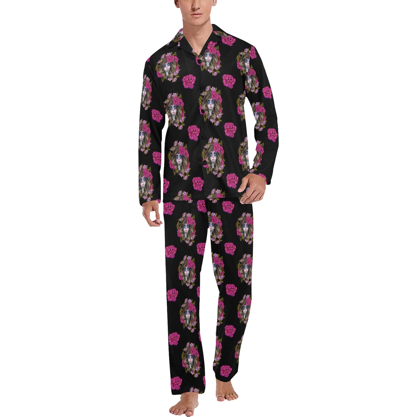 Day of the Dead Makeup Girl Men's Long Pajama Set