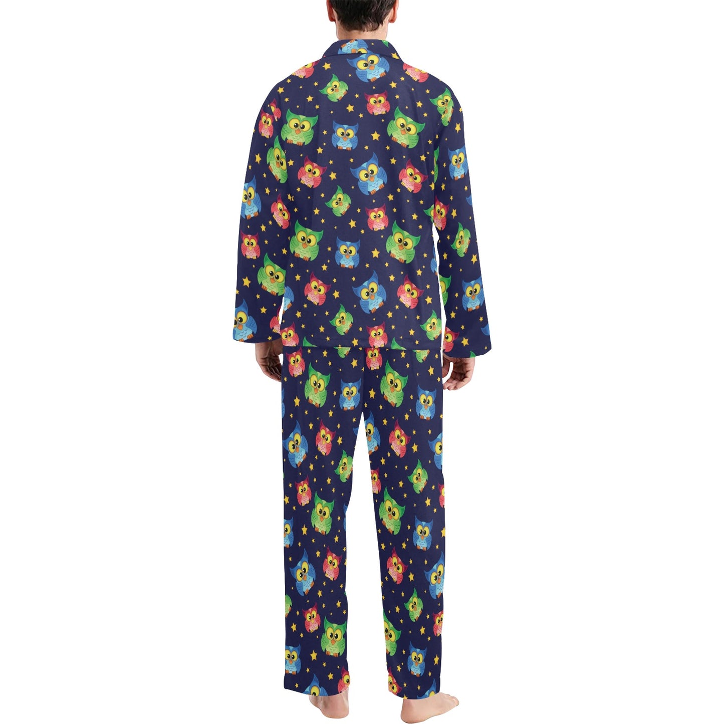 Owl with Star Themed Design Print Men's Long Pajama Set