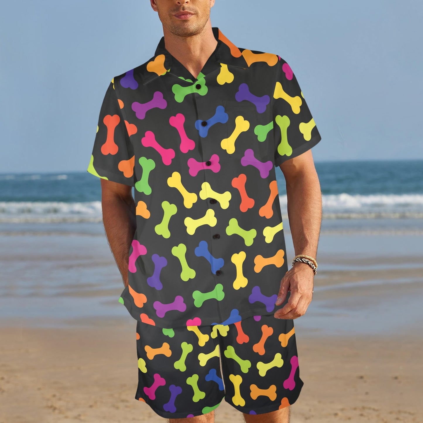Dog Bone Neon Color Pattern Print Design 02 Men's Beach Shirt and Shorts Set