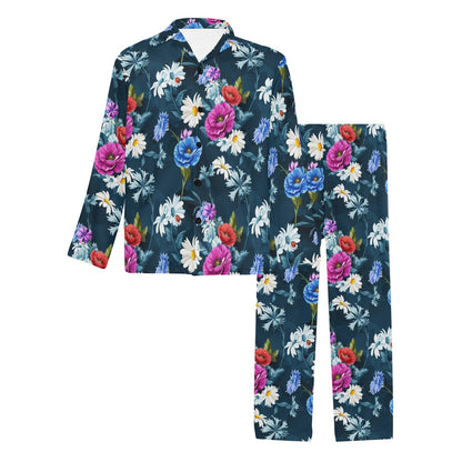 Floral Blue Themed Print Men's Long Pajama Set