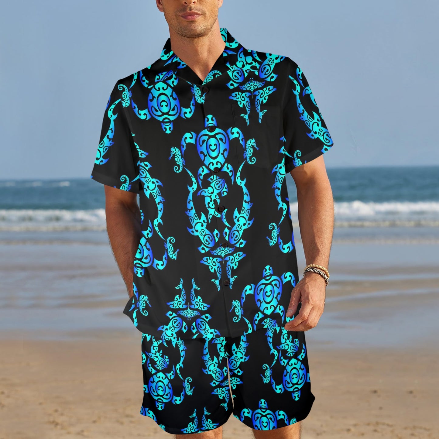 Sea turtle Polynesian Tribal Hawaiian Men's Beach Shirt and Shorts Set