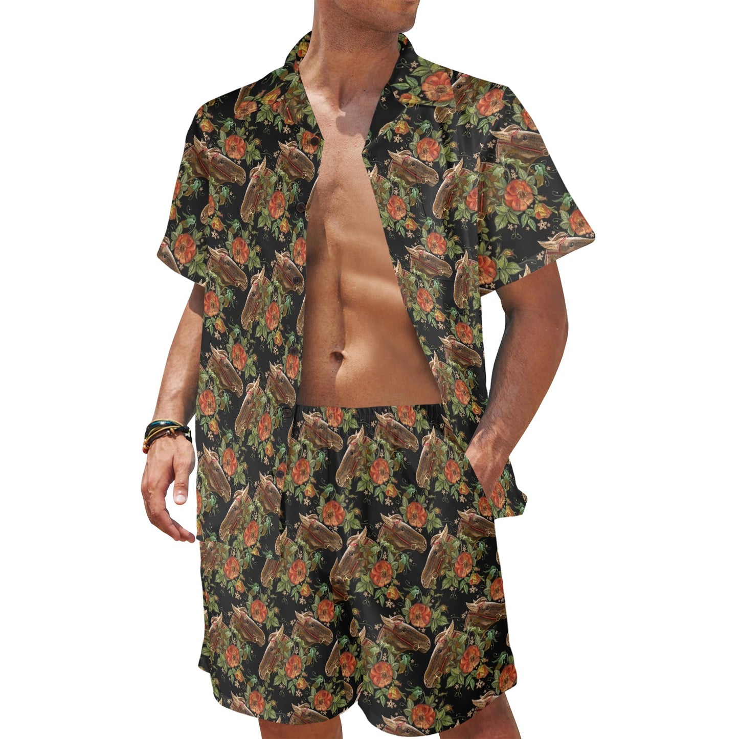 Horse Embroidery with Flower Design Men's Beach Shirt and Shorts Set