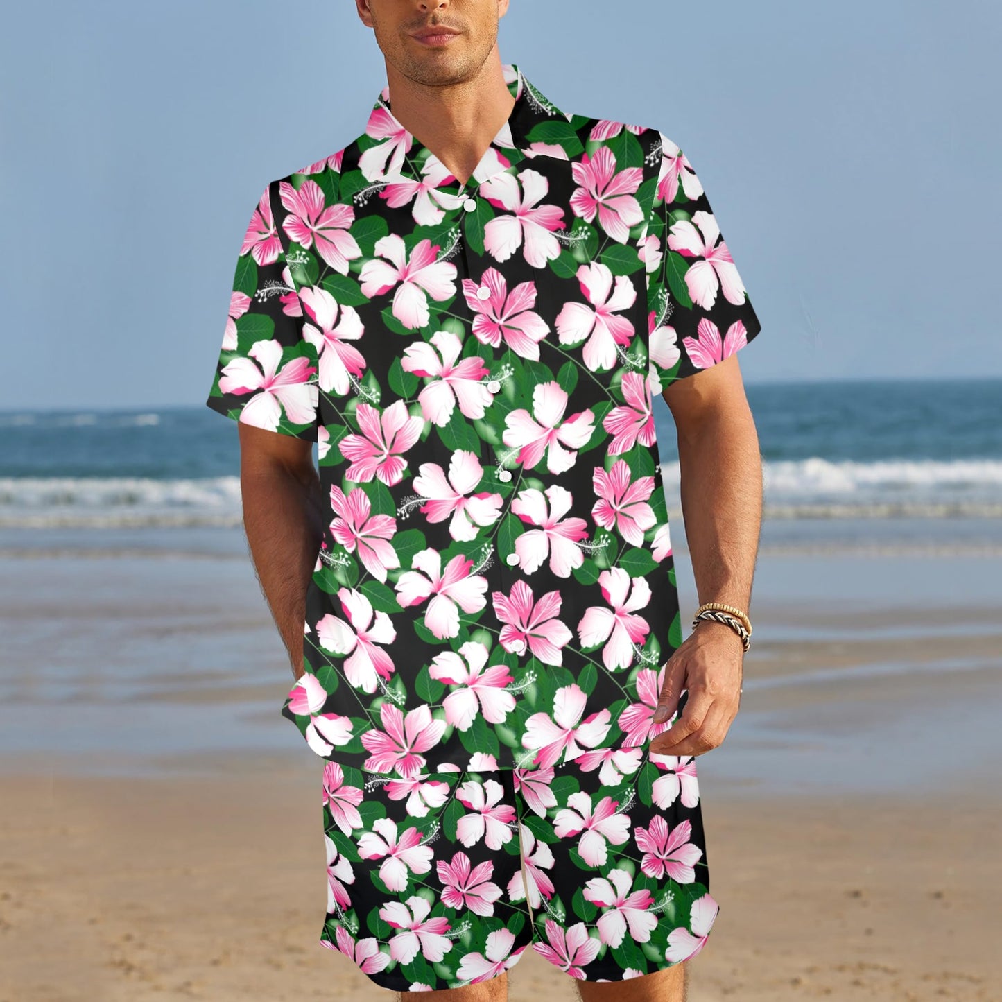 Hibiscus Pink Flower Hawaiian Print Men's Beach Shirt and Shorts Set