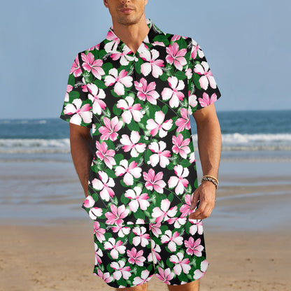 Hibiscus Pink Flower Hawaiian Print Men's Beach Shirt and Shorts Set