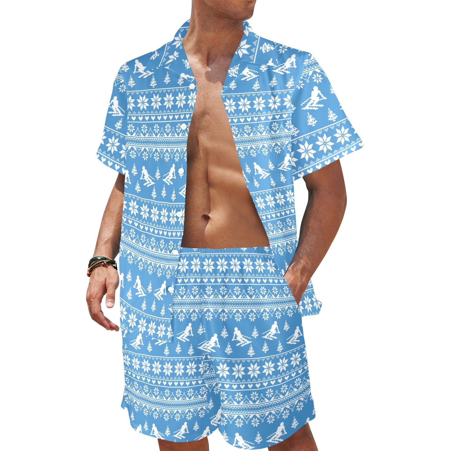 Ski Knit Pattern Print Design LKS302 Men's Beach Shirt and Shorts Set