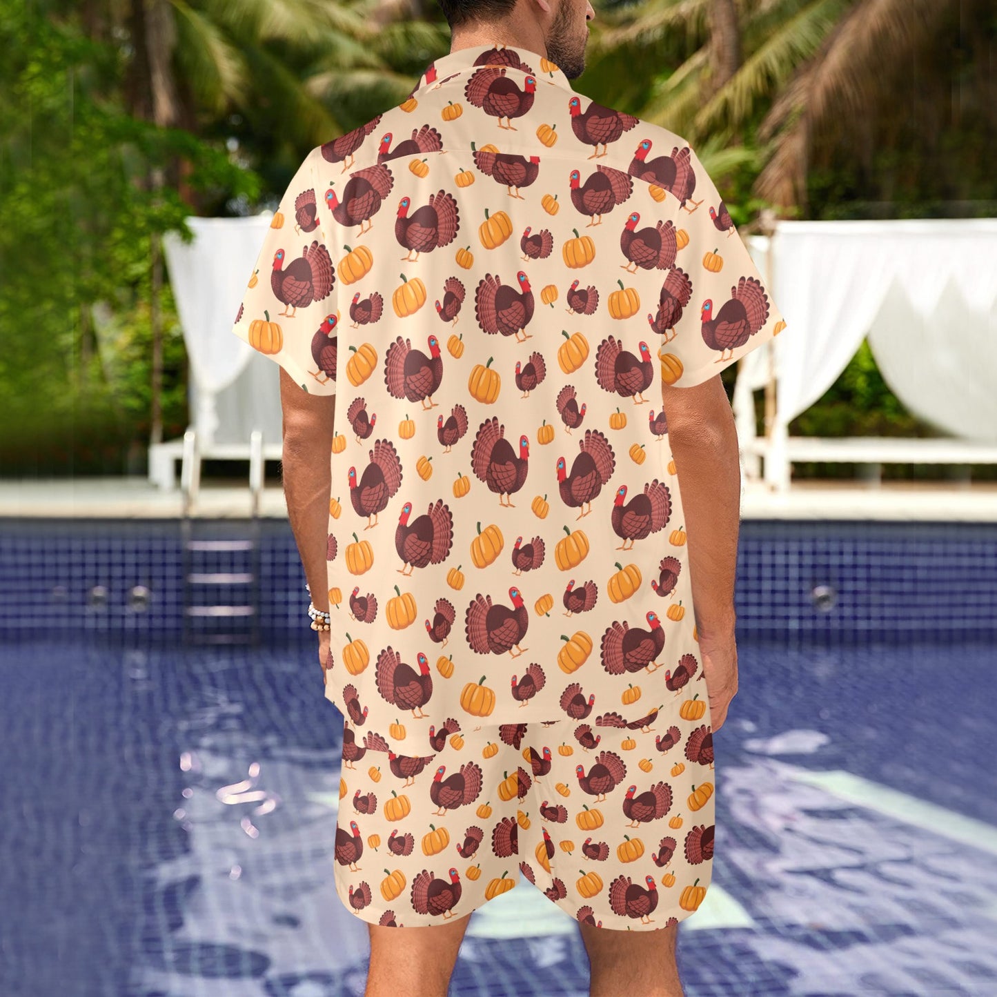 Thanksgiving Print Design LKS308 Men's Beach Shirt and Shorts Set