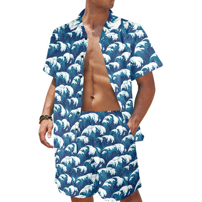 Ocean Wave Pattern Print Men's Beach Shirt and Shorts Set