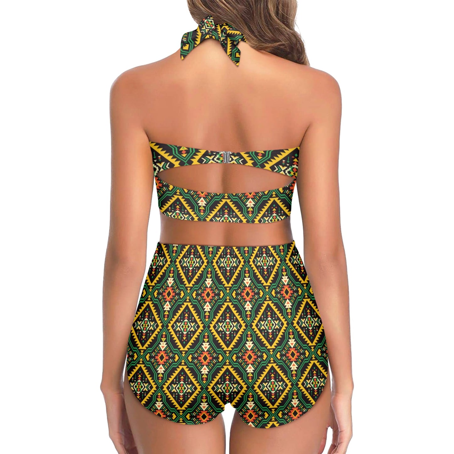 Kente Green Design African Print Halter Neck Bikini Swimsuit