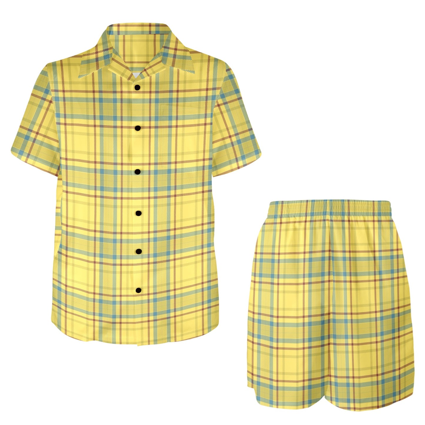 Tartan Yellow Print Design LKS301 Men's Beach Shirt and Shorts Set
