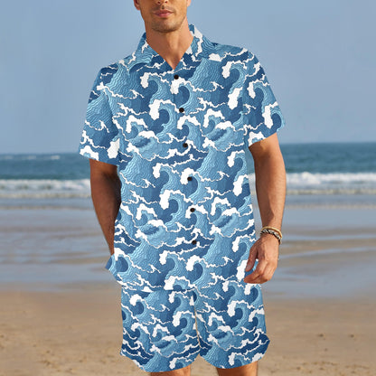 Wave Themed Pattern Print Men's Beach Shirt and Shorts Set