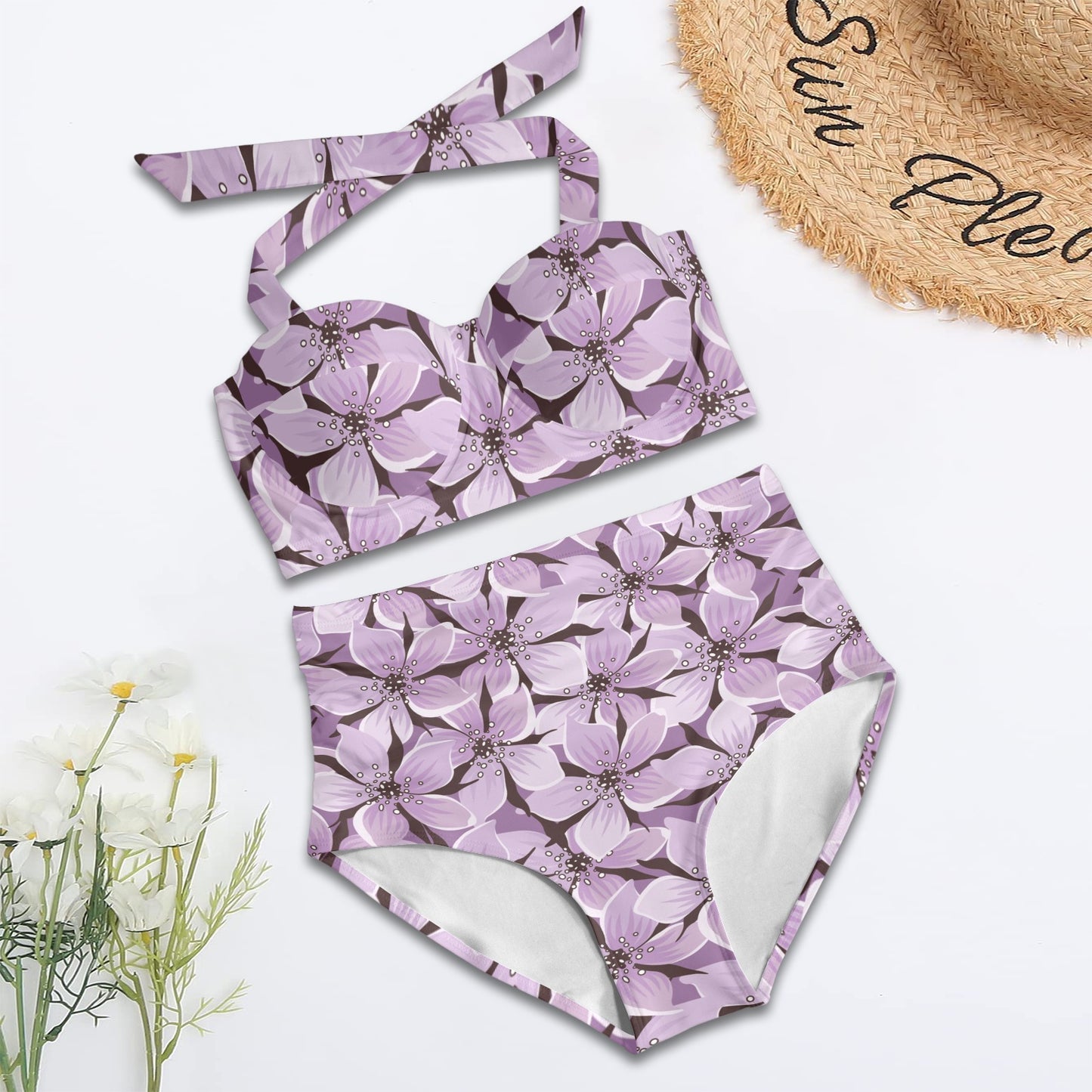 Lilac Pattern Print Design 01 Halter Neck Bikini Swimsuit