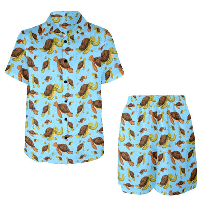 Hello Sea Turtle Print Pattern Men's Beach Shirt and Shorts Set