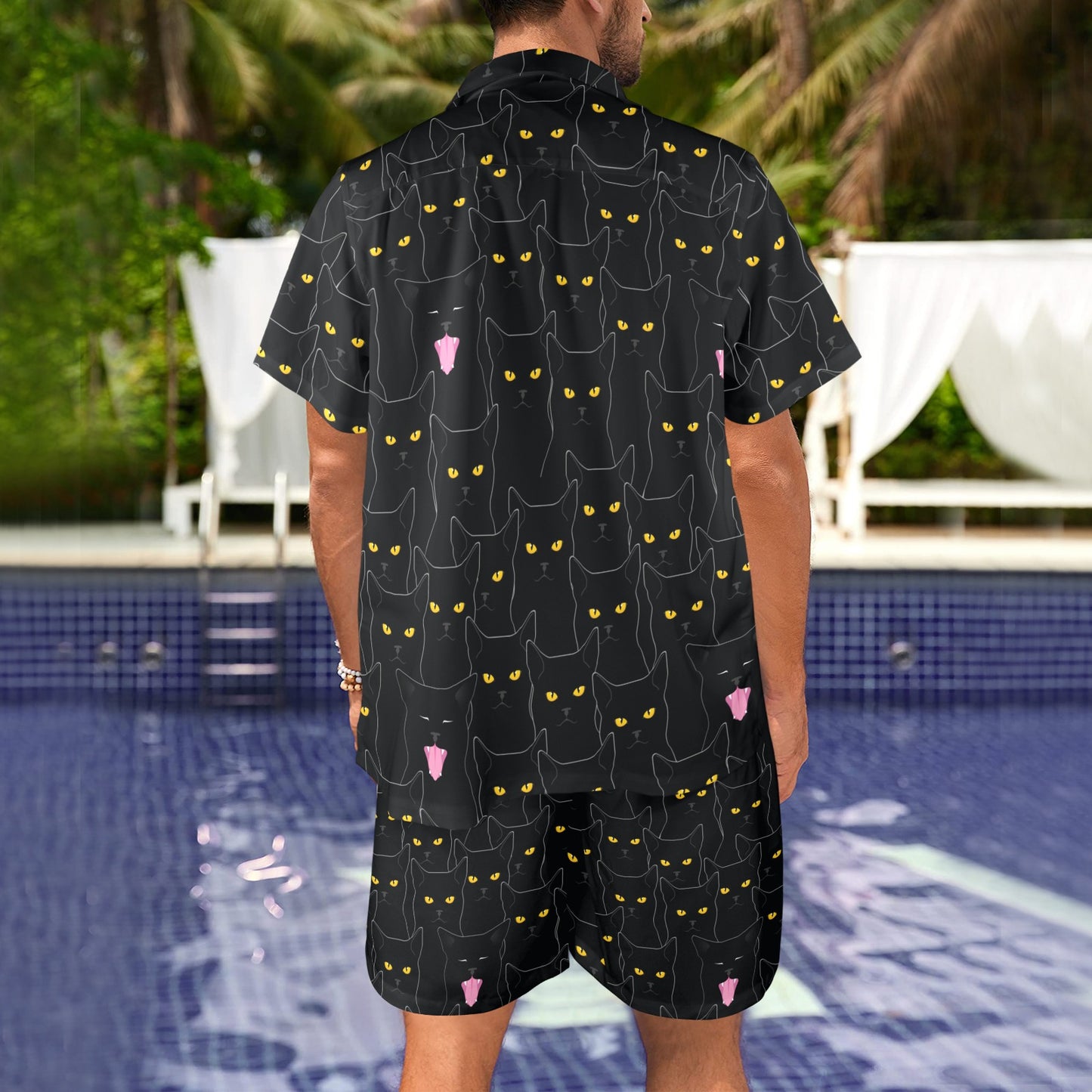 Black Cat Yellow Eyes Print Pattern Men's Beach Shirt and Shorts Set