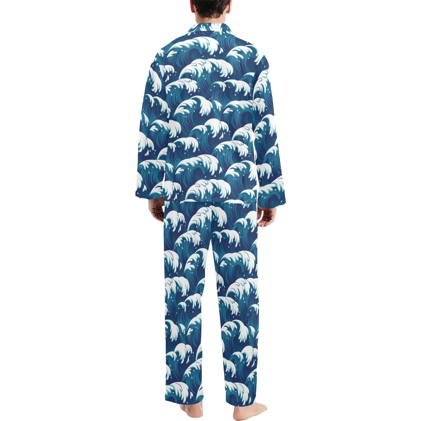 Ocean Wave Pattern Print Men's Long Pajama Set