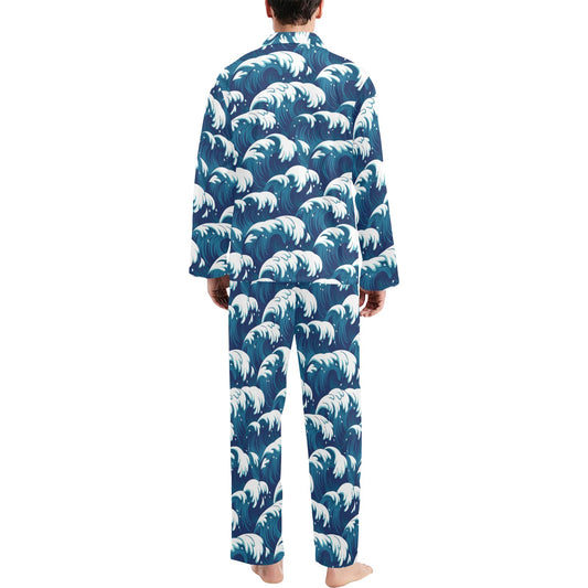 Ocean Wave Pattern Print Men's Long Pajama Set