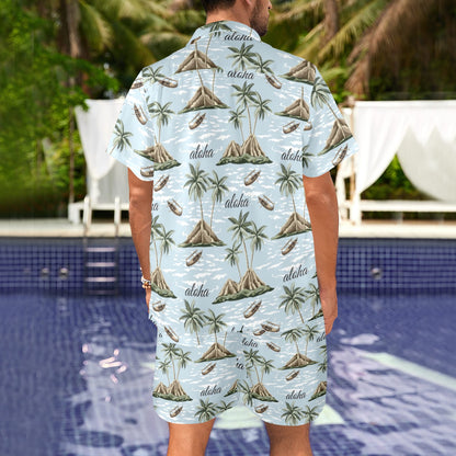 Aloha Hawaii island Design Themed Print Men's Beach Shirt and Shorts Set