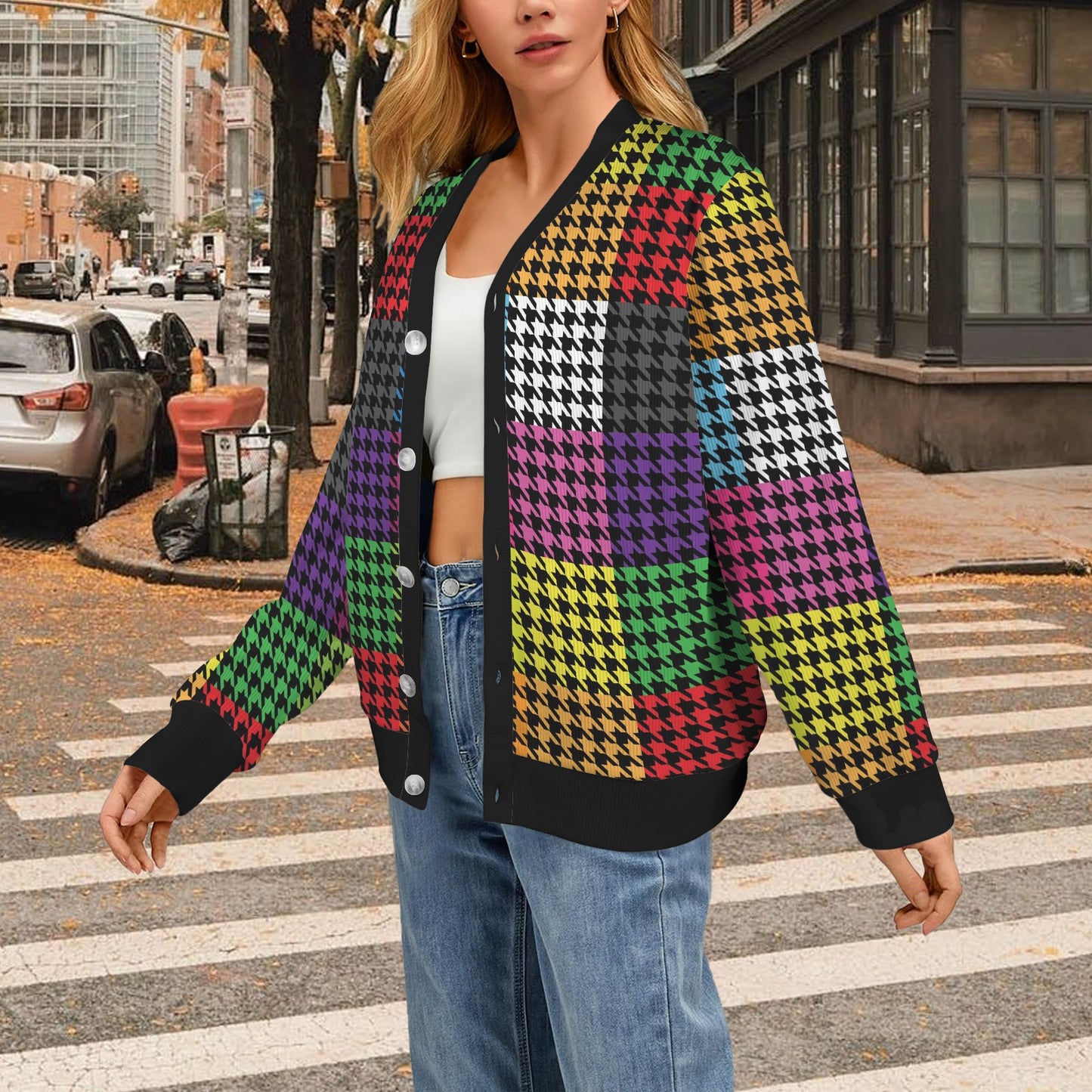 Houndstooth Colorful Pattern Print Design 01 Women's Cardigan