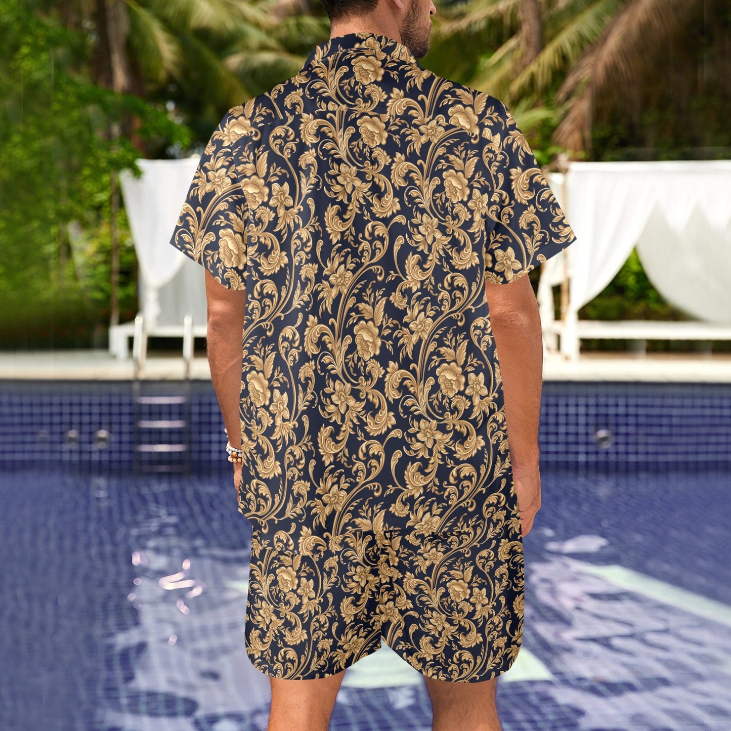 Baroque Golden Pattern Print Design 03 Men's Beach Shirt and Shorts Set