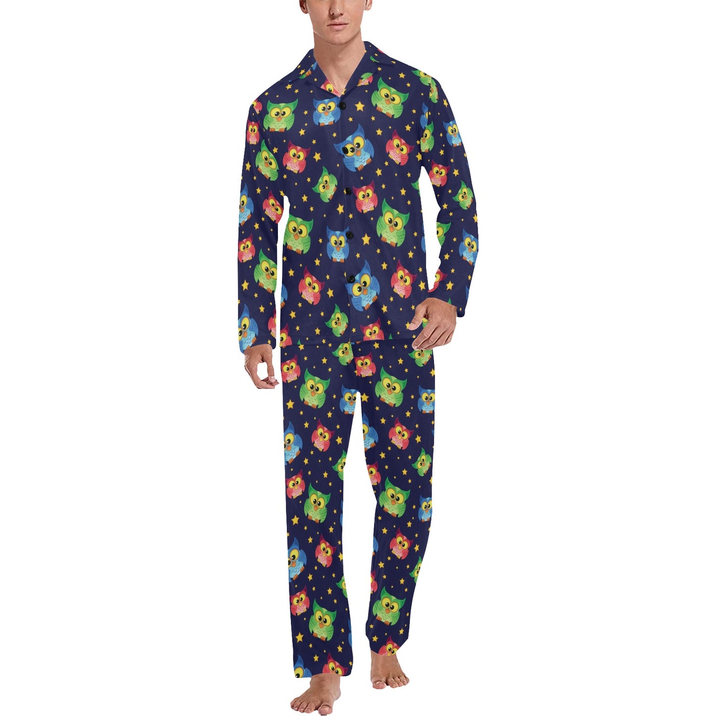 Owl with Star Themed Design Print Men's Long Pajama Set