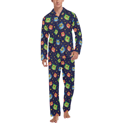 Owl with Star Themed Design Print Men's Long Pajama Set