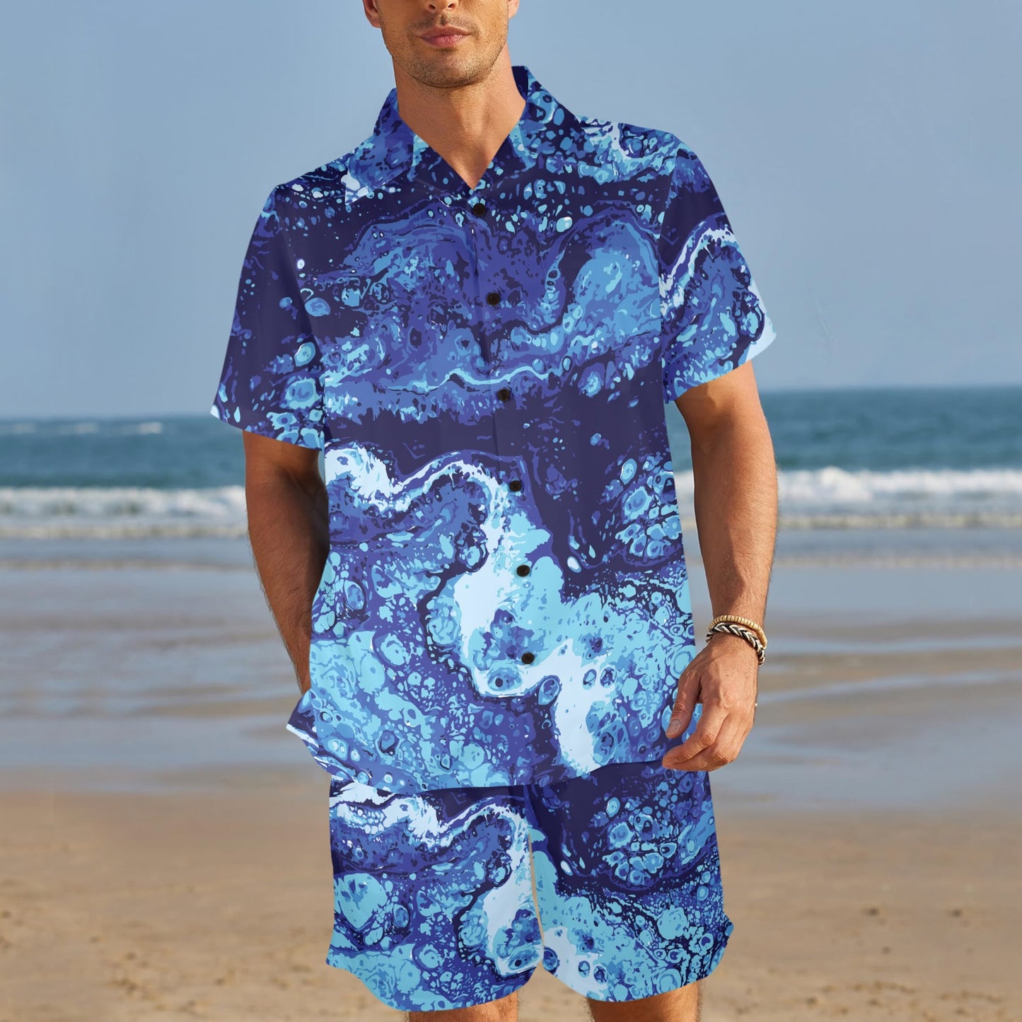 Ocean Liquid Pattern Print Design A03 Men's Beach Shirt and Shorts Set