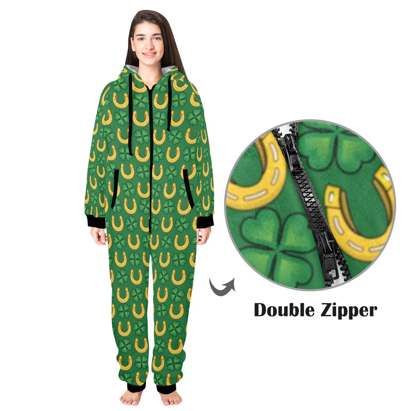 Shamrock Horseshoes Print Pattern Hooded Fleece Onesie Pajama Jumpsuit