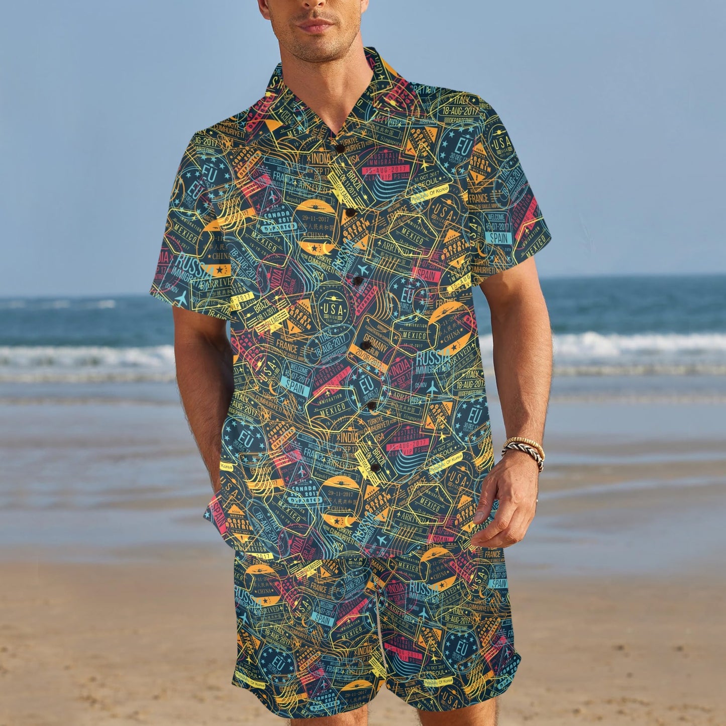 Travel Stamp Print Design LKS301 Men's Beach Shirt and Shorts Set