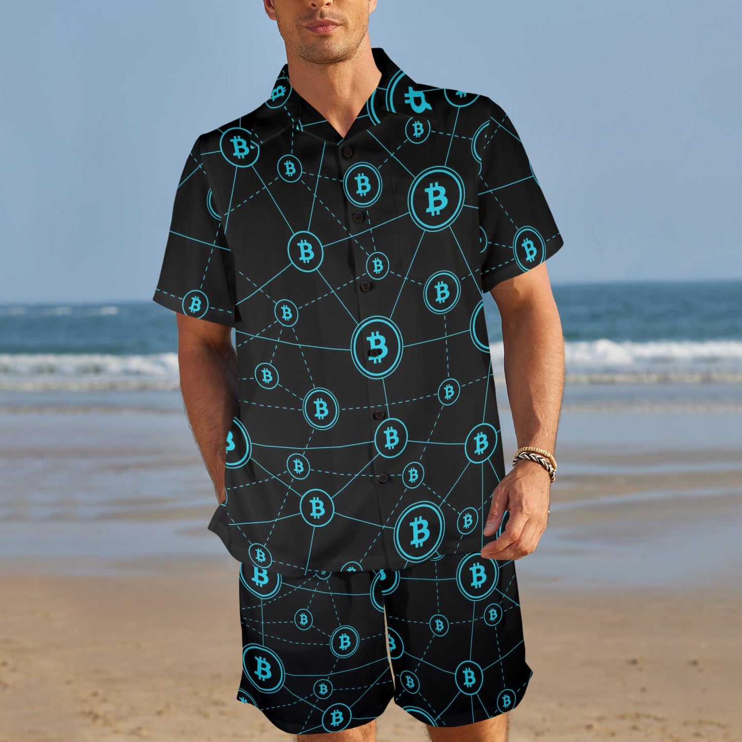 Cryptocurrency Pattern Print Design 01 Men's Beach Shirt and Shorts Set