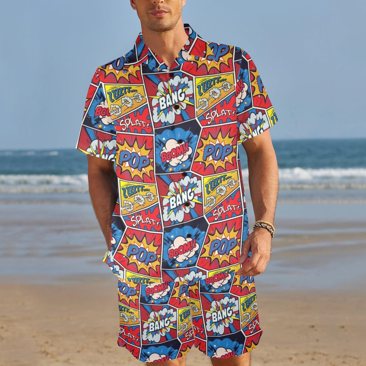 Comic Book Pattern Print Design 03 Men's Beach Shirt and Shorts Set