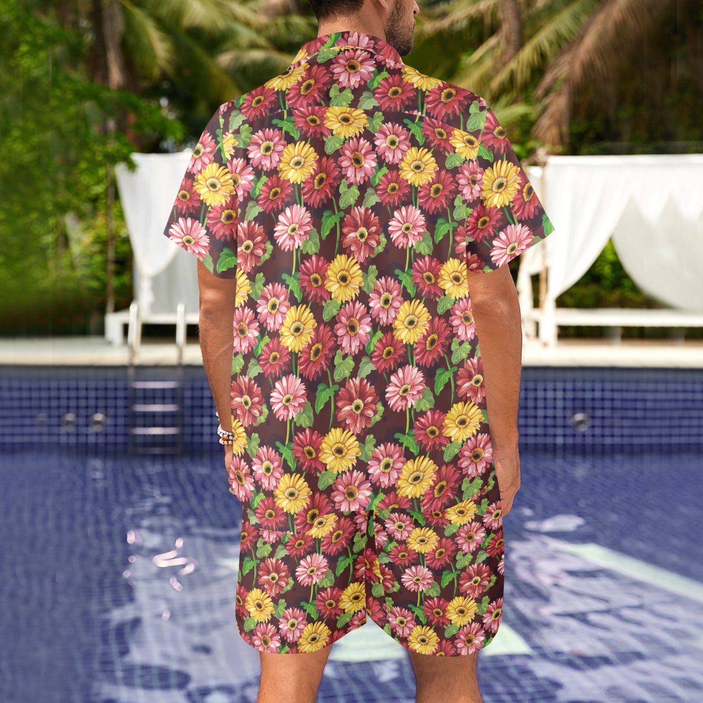 Daisy Gerbera Print Pattern Men's Beach Shirt and Shorts Set
