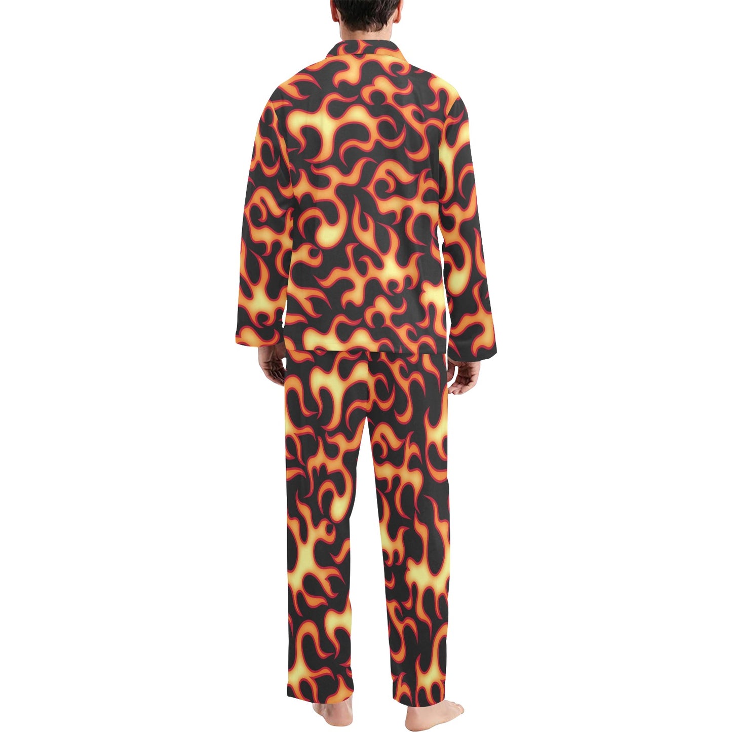 Flame Fire Themed Print Men's Long Pajama Set