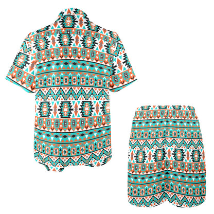 Indian Navajo Ethnic Themed Design Print Men's Beach Shirt and Shorts Set
