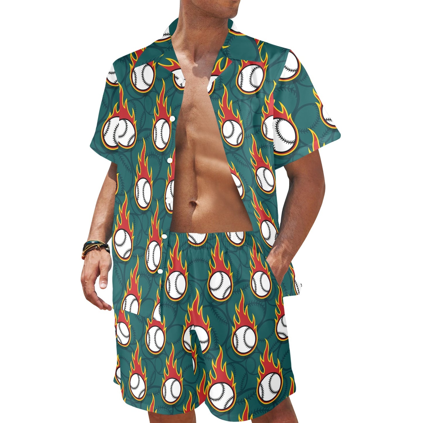 Baseball Fire Print Pattern Men's Beach Shirt and Shorts Set