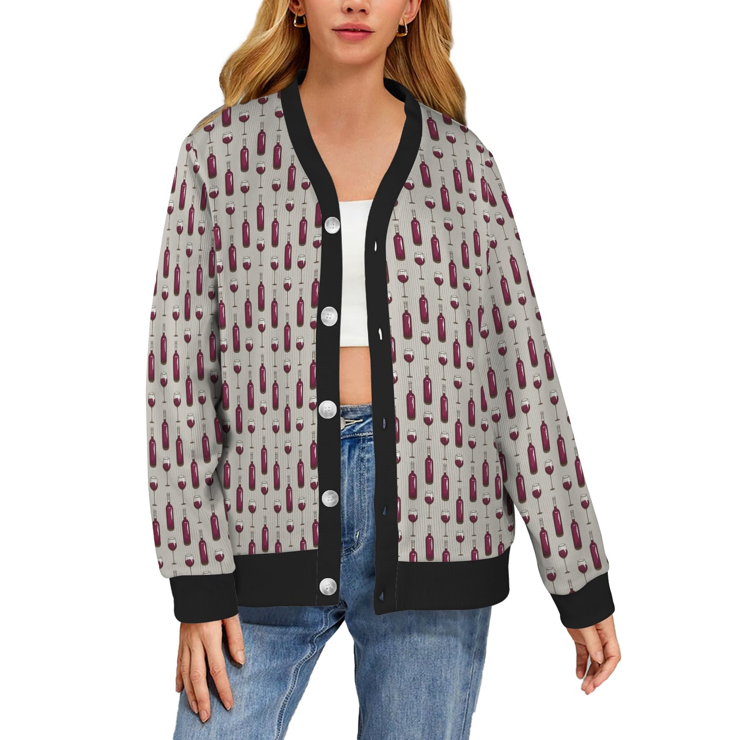 Wine Bottle Pattern Print Women's Cardigan