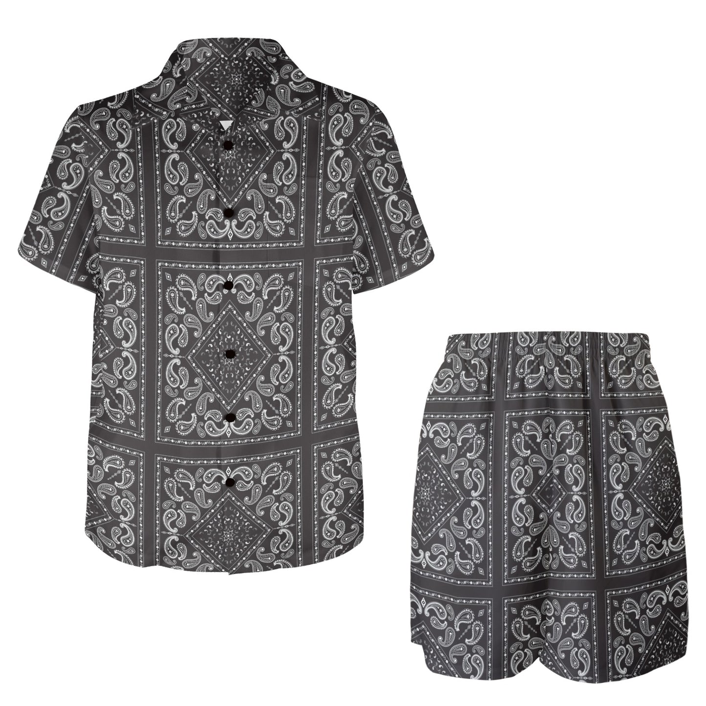 Bandana Black White Print Design LKS302 Men's Beach Shirt and Shorts Set