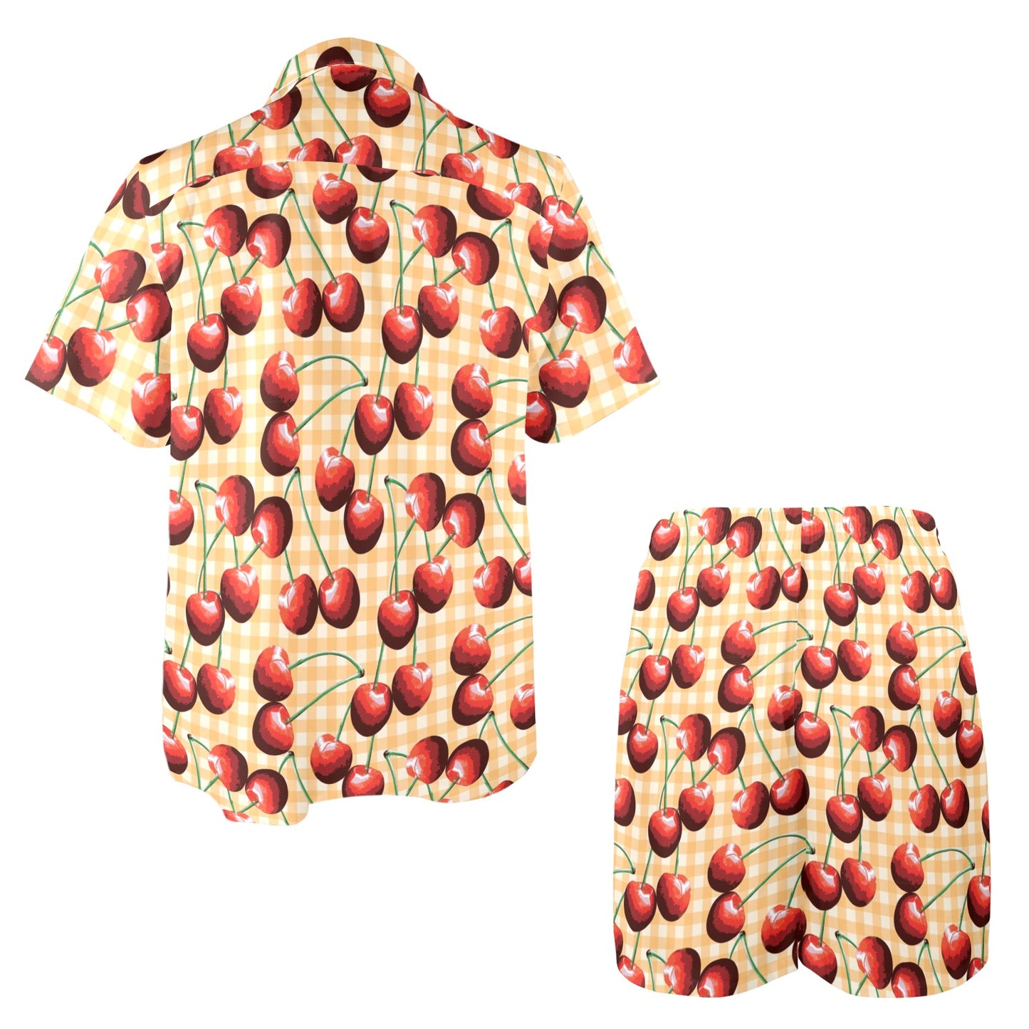 Cherry Orange Plaid Print Men's Beach Shirt and Shorts Set