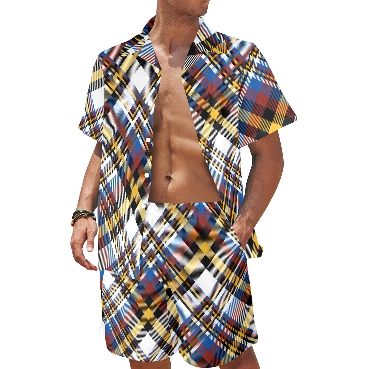 Madras Pattern Print Design 01 Men's Beach Shirt and Shorts Set