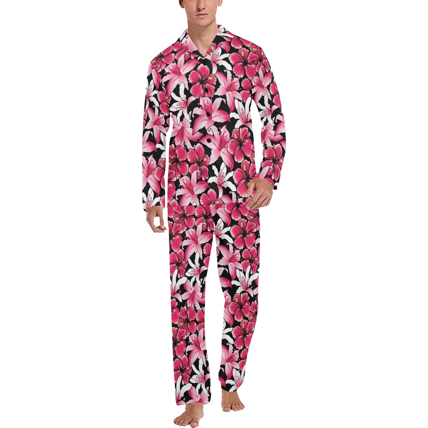 Flower Hawaiian Pink Red Hibiscus Print Men's Long Pajama Set