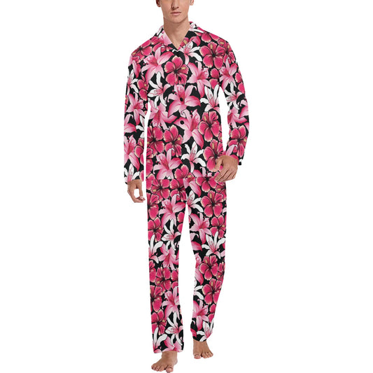 Flower Hawaiian Pink Red Hibiscus Print Men's Long Pajama Set