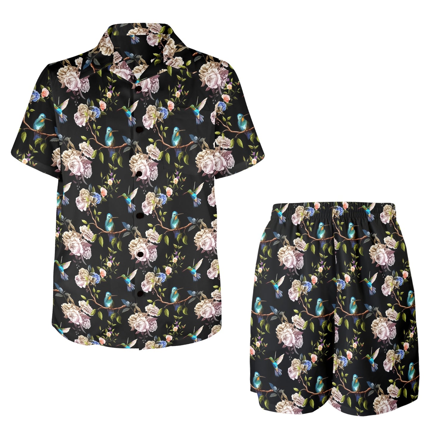 Hummingbird Flower Themed Print Men's Beach Shirt and Shorts Set