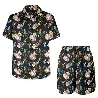 Hummingbird Flower Themed Print Men's Beach Shirt and Shorts Set