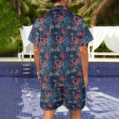 Octopus Deep Sea Print Themed Men's Beach Shirt and Shorts Set