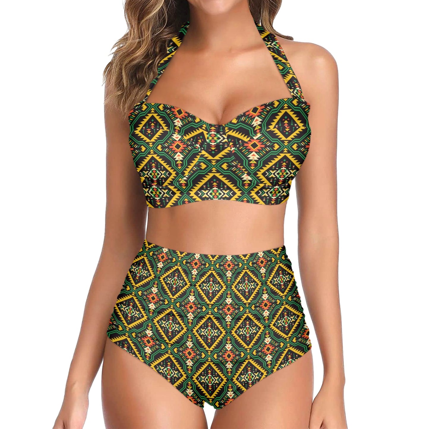 Kente Green Design African Print Halter Neck Bikini Swimsuit