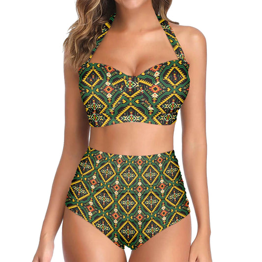 Kente Green Design African Print Halter Neck Bikini Swimsuit