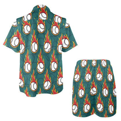 Baseball Fire Print Pattern Men's Beach Shirt and Shorts Set