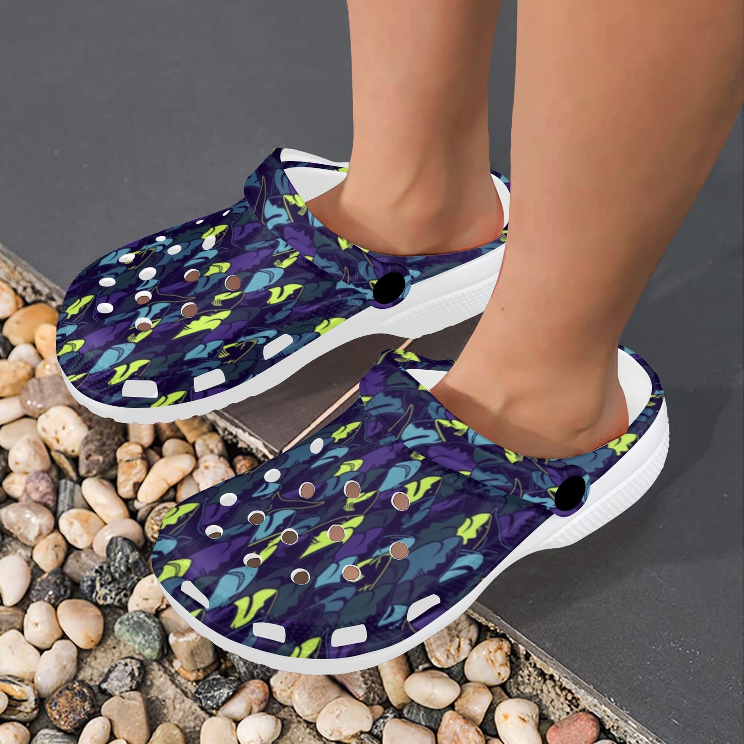 Shark Neon color Print Unisex Clogs Shoes